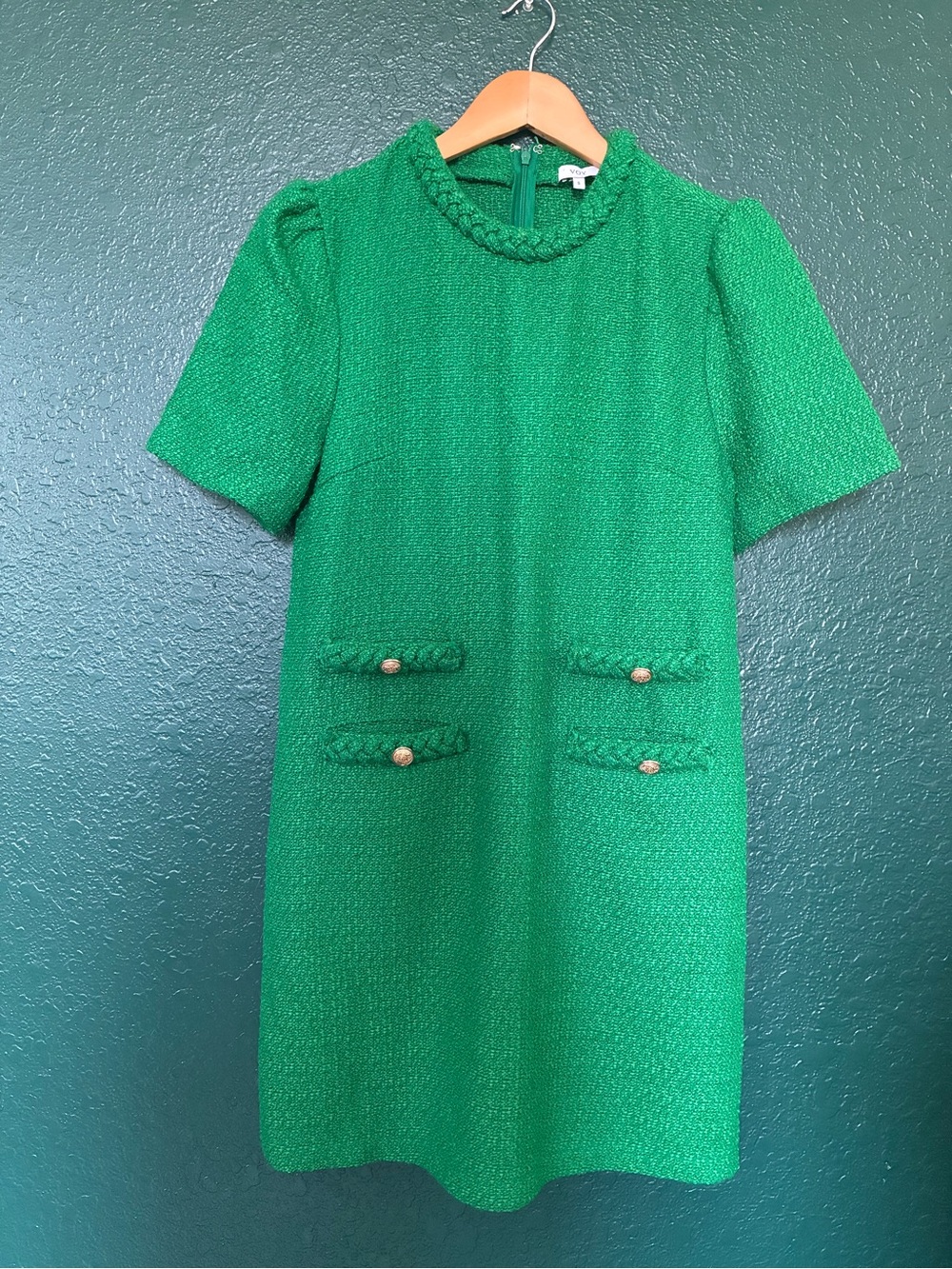 Voy Classic Green Textured Short-Sleeve Dress - small